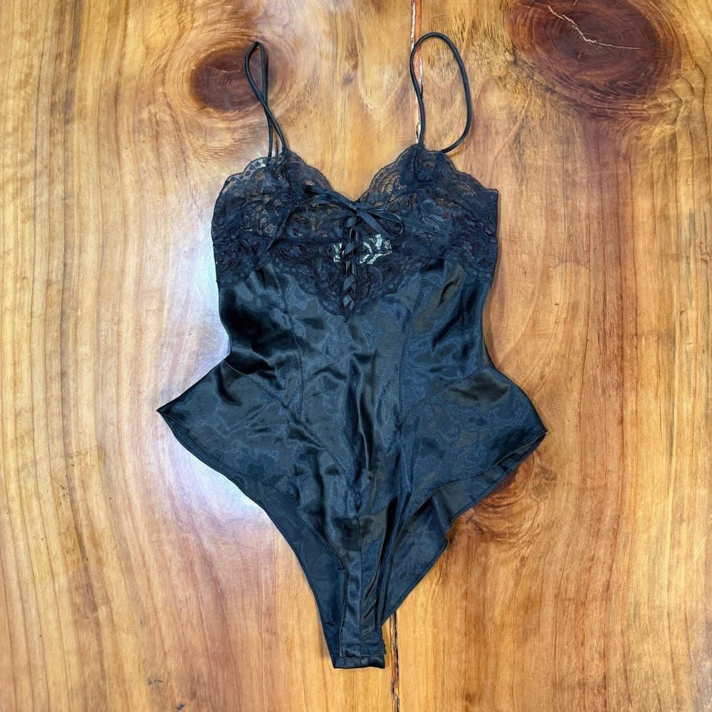 Vintage 90s Escante Lingerie Teddy Small Satin Lace Sheer Sexy Q19